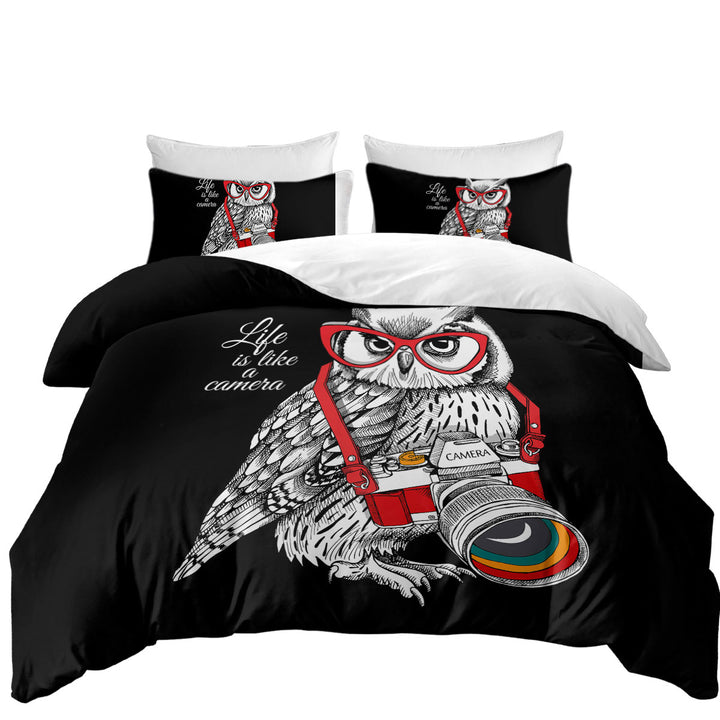 Funny Retro Hipster Photographer Owl Twin Duvet Covers