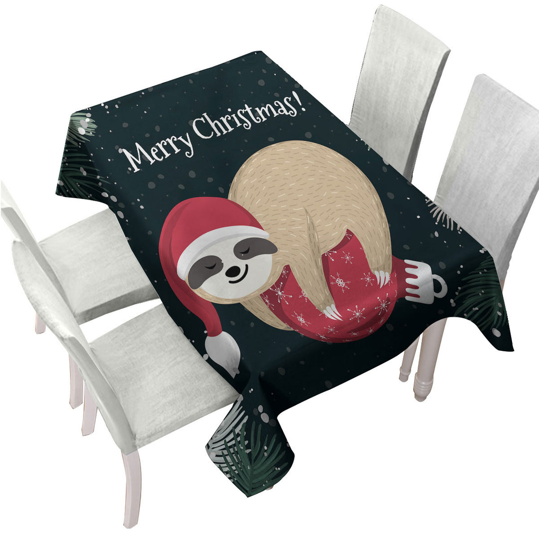 Funny Santa Sloth Sleeping on Christmas Bauble Tablecloth