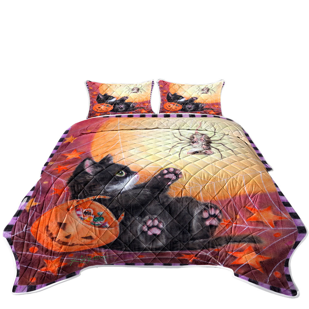 Funny Scary Halloween Spider Mouse and Kitten Quilts for Beds