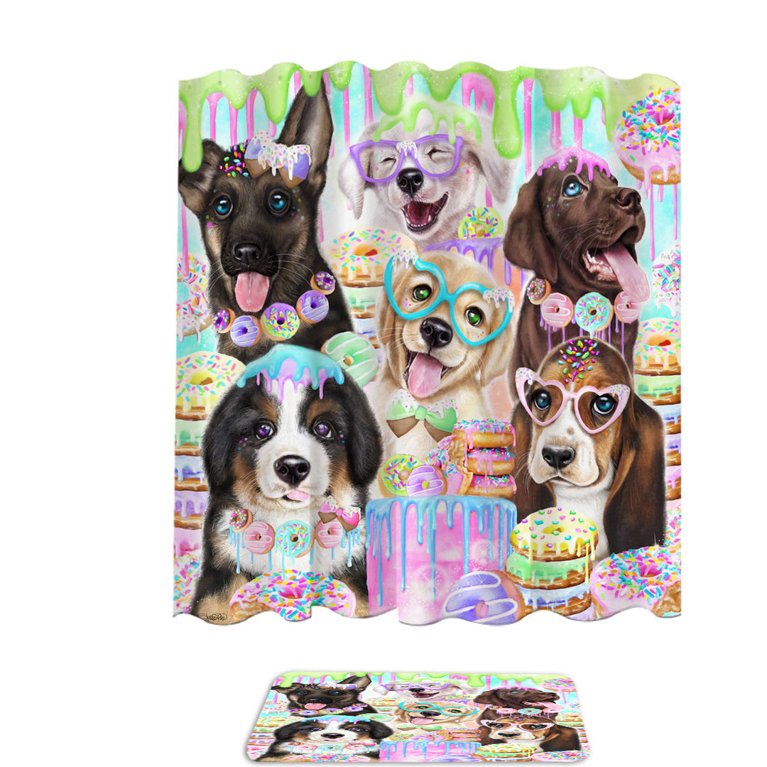 Funny Shower Curtains Dog Colorful Doggies and Donuts