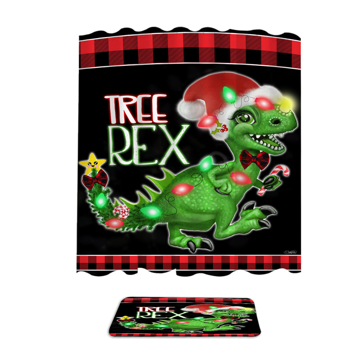 Funny Shower Curtains with Cute Christmas Dinosaur Tree Rex