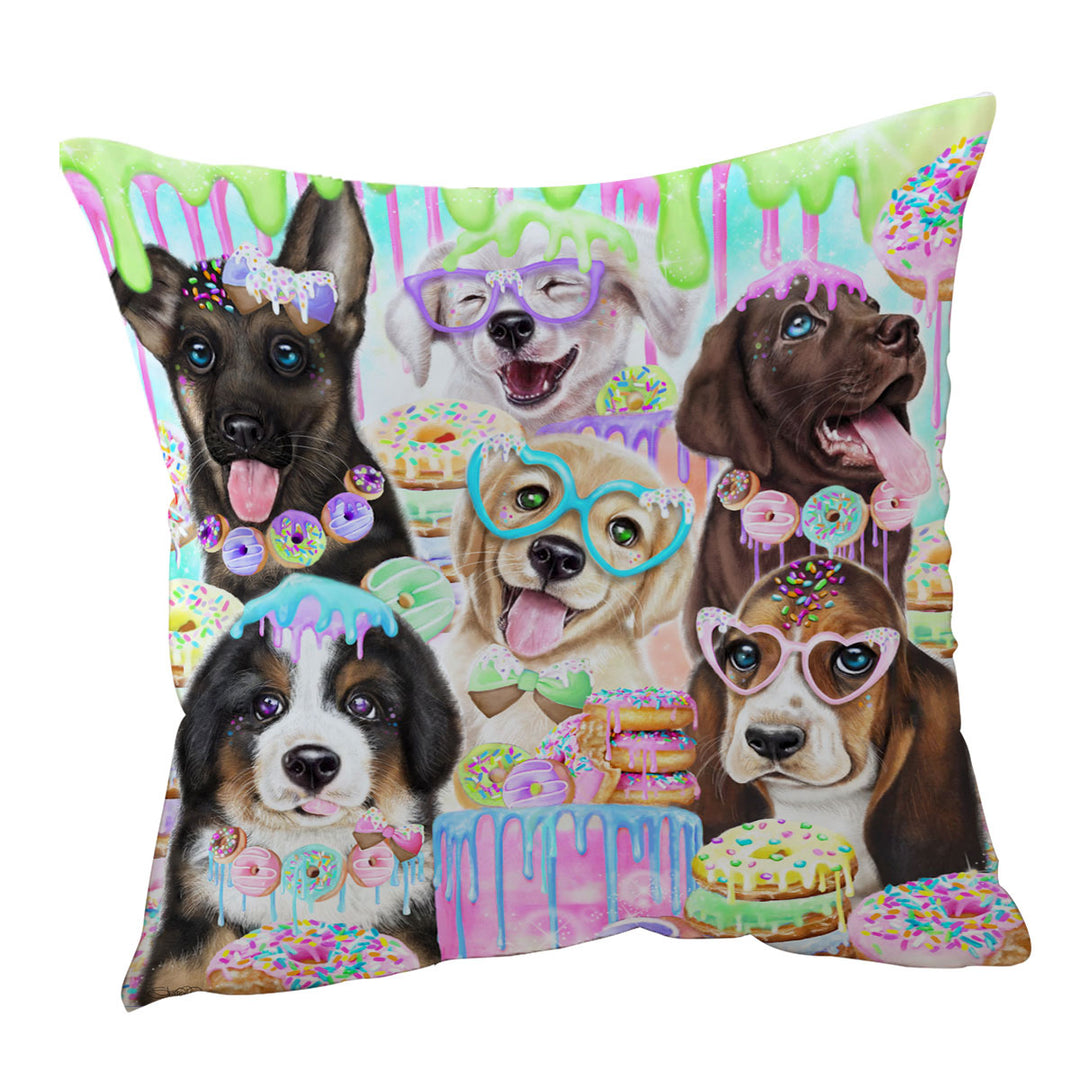 Funny Sofa Pillows Dog Colorful Doggies and Donuts