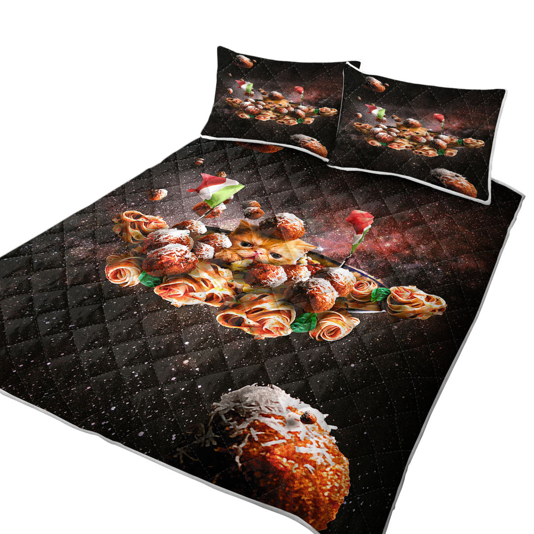 Funny Space Pasta Italian Cat King Size Quilt Sets