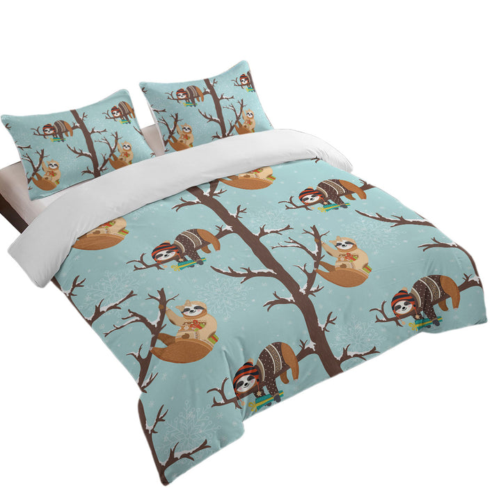 Funny Wintery Sloths Quilt Cover