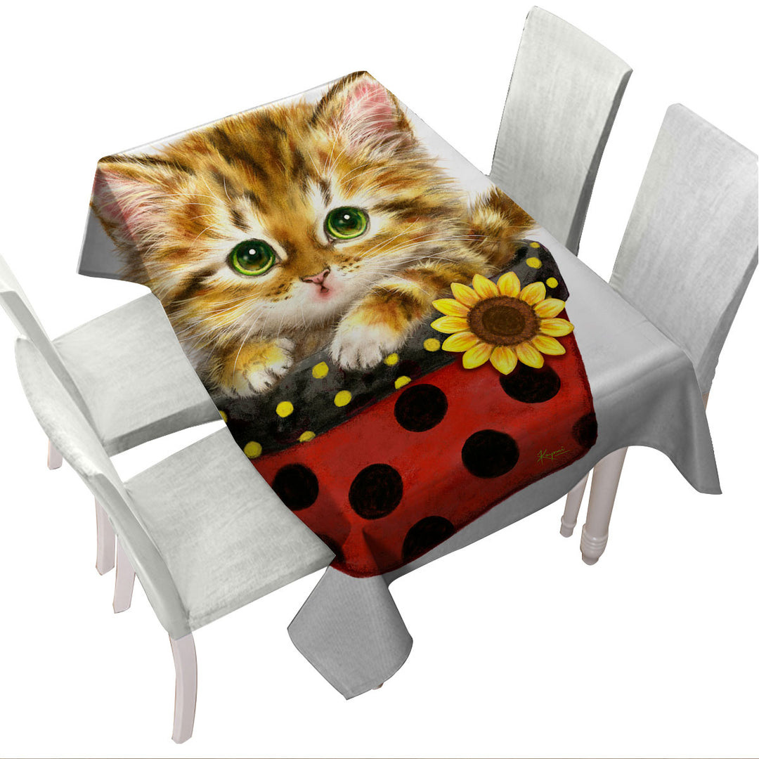 Ginger Tabby Kitten in Summer Flower Pot Tablecloth
