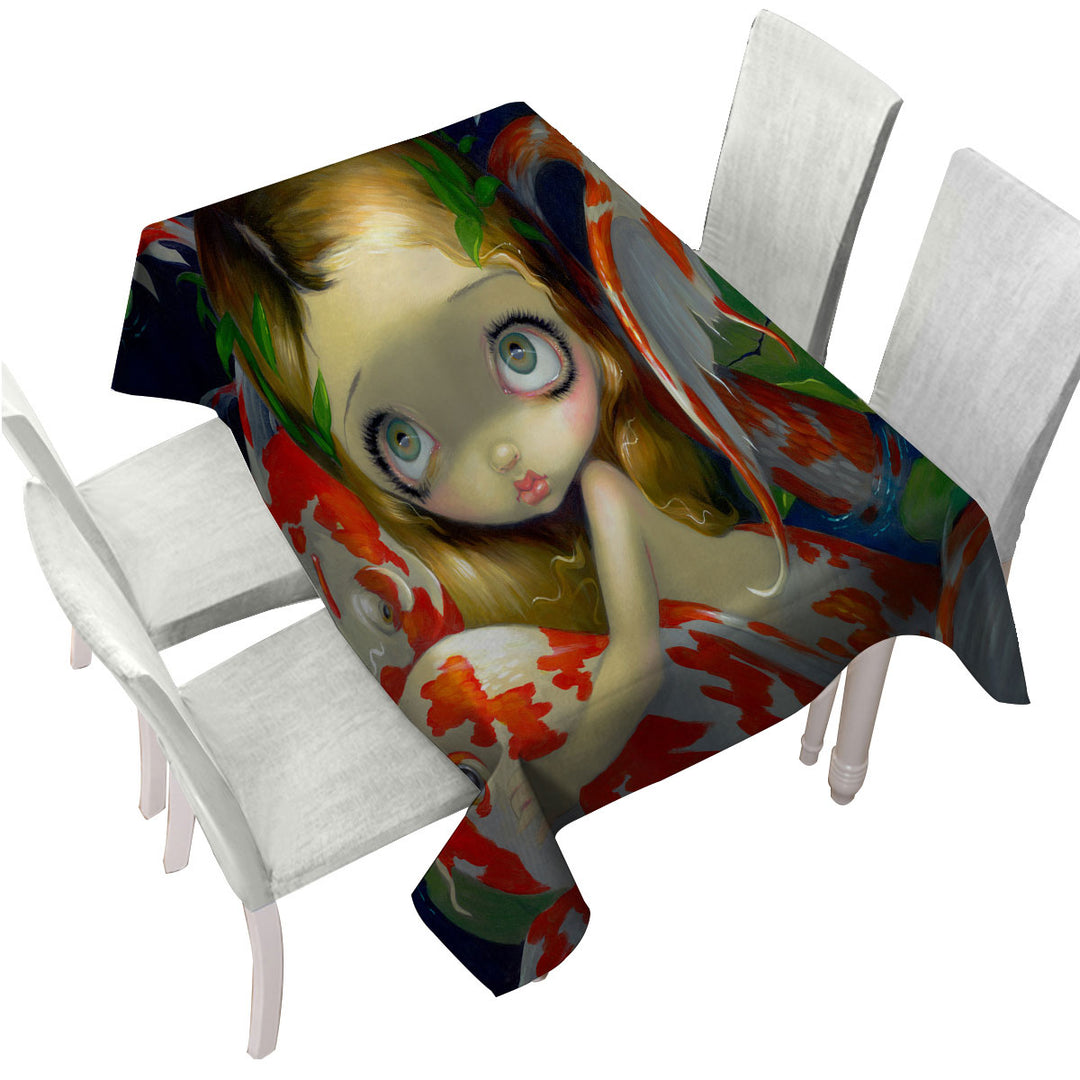 Girl Mermaid Amongst The Koi Fish Table Cover