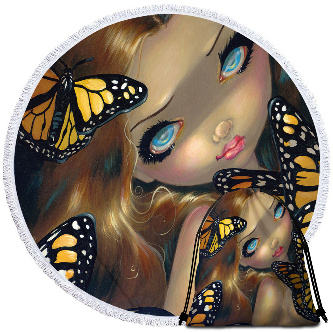 Girl Nymph with Monarchs Butterflies Beautiful Beach Towels