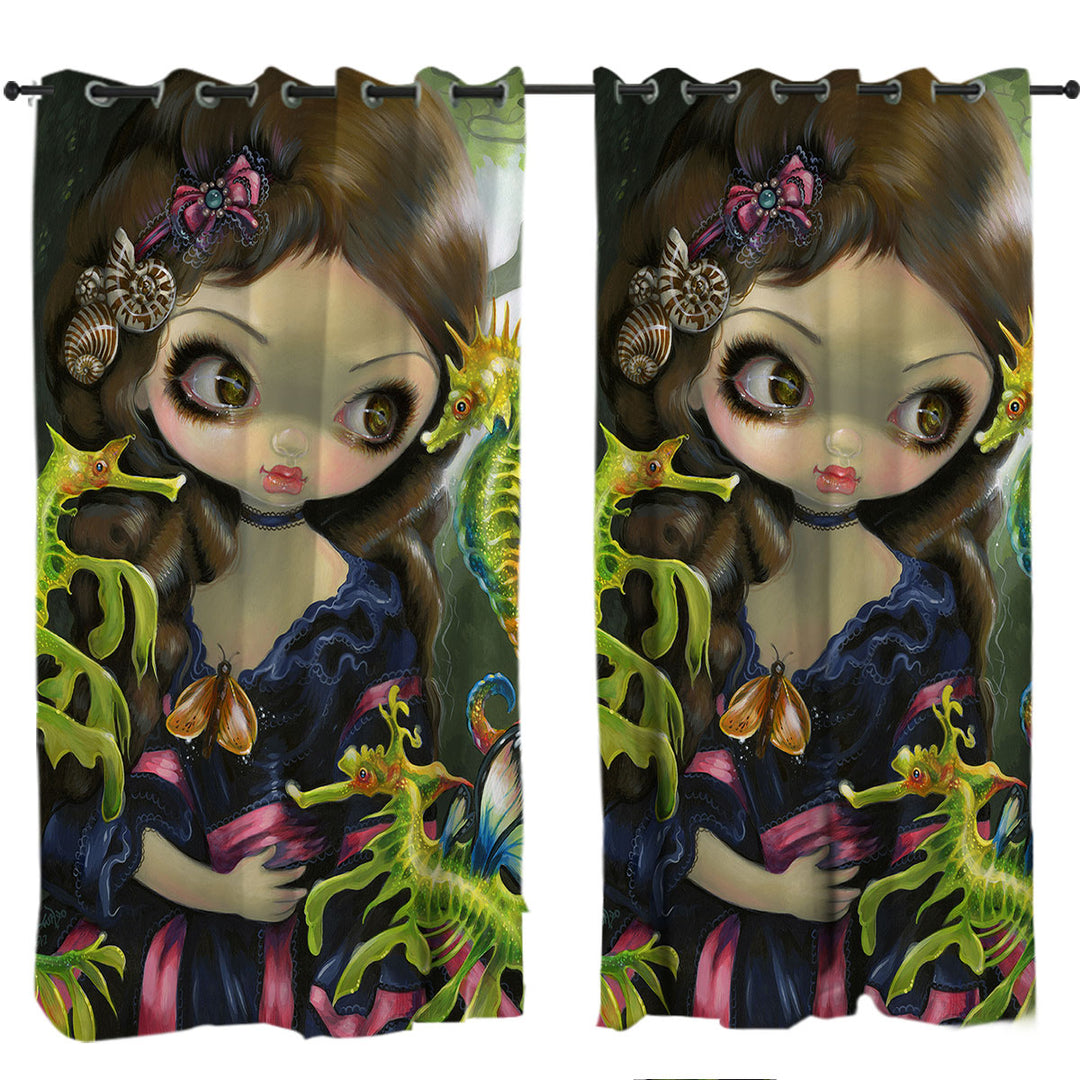 Girl and the Sea Dragon and Seahorse Butterflies Drapery