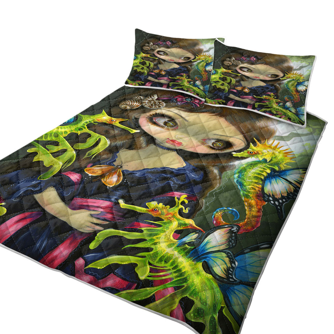 Girl and the Sea Dragon and Seahorse Butterflies King Size Quilt
