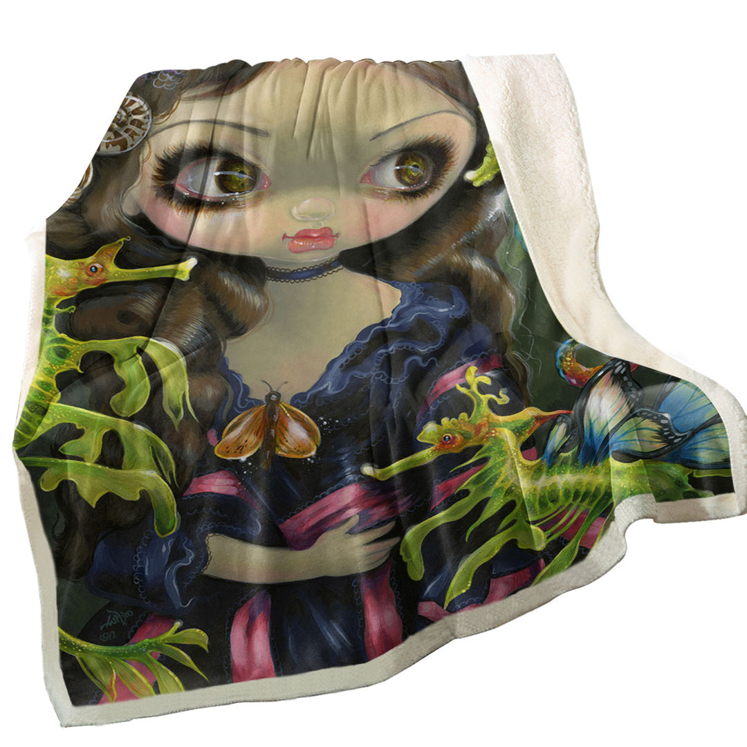 Girl and the Sea Dragon and Seahorse Throw Blanket