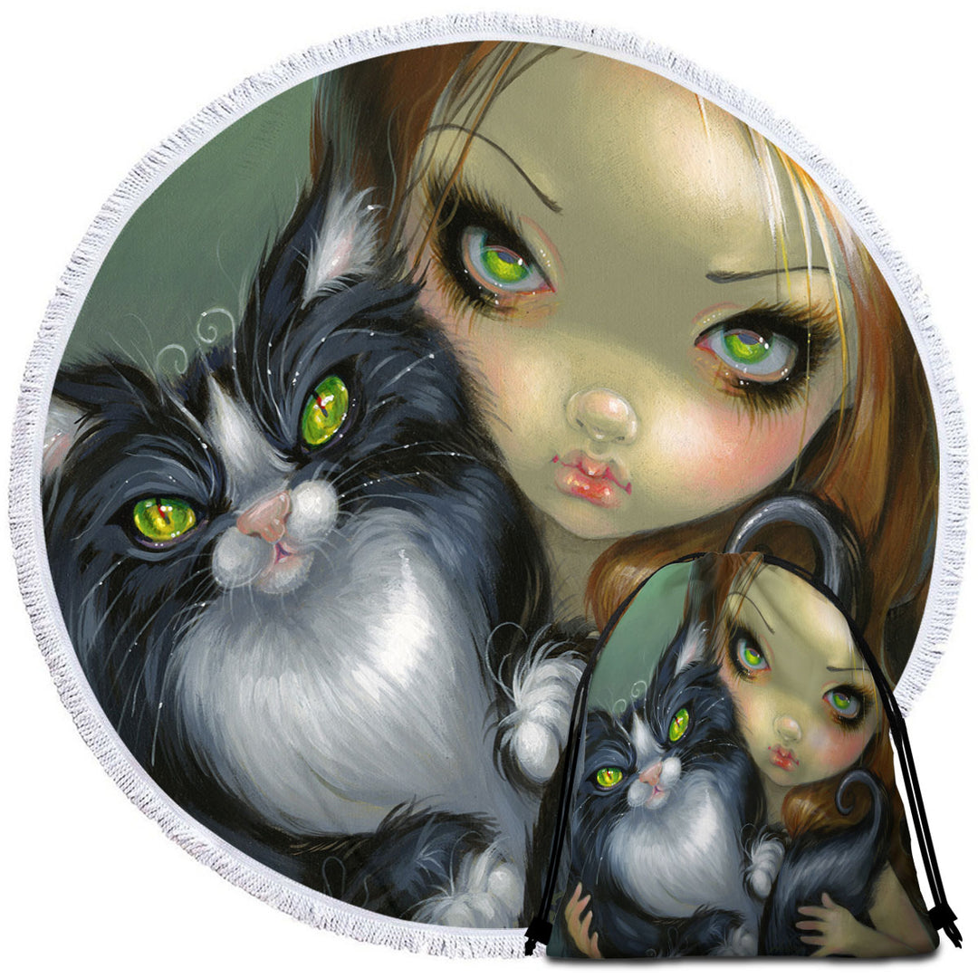 Girl with Tricksy Tuxedo Cat Beach Bags and Towels