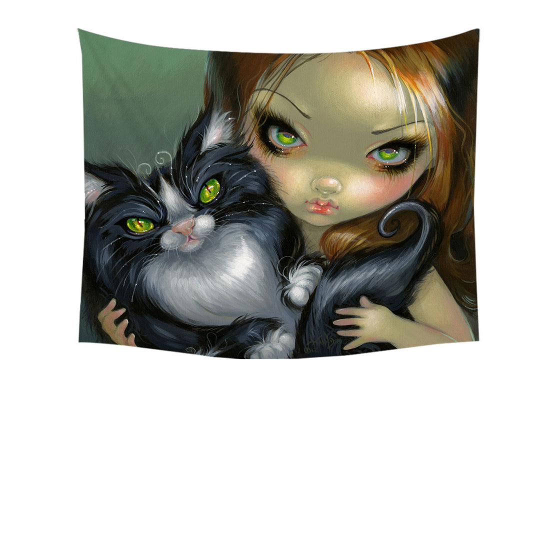 Girl with Tricksy Tuxedo Cat Tapestry