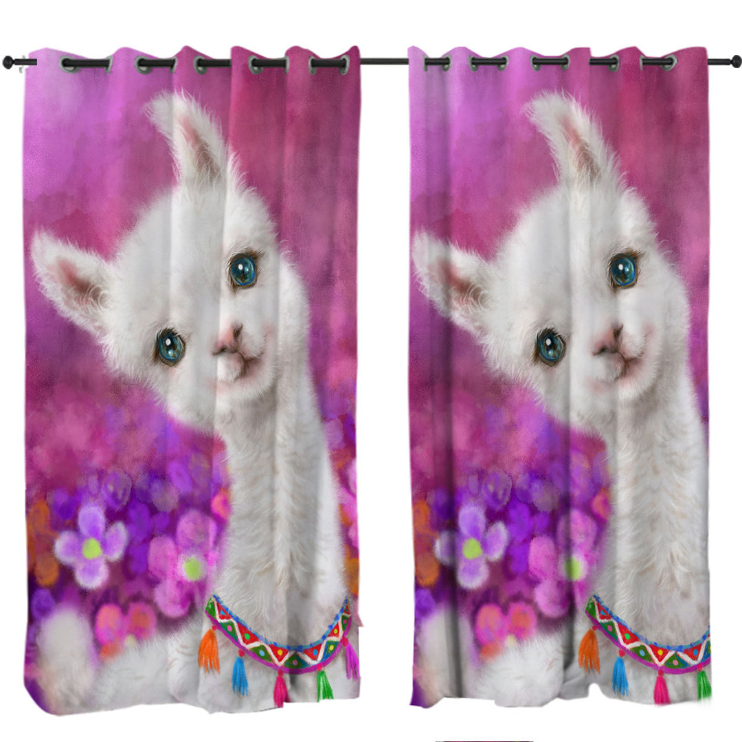 Girls Art Designs Purplish Happy Llama Curtain
