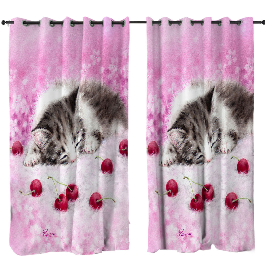 Girls Pink Art Drawings Cherry Dream Kitty Cat Drapes for Living Room