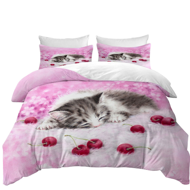 Girls Pink Art Drawings Cherry Dream Kitty Cat Duvet Cover Queen