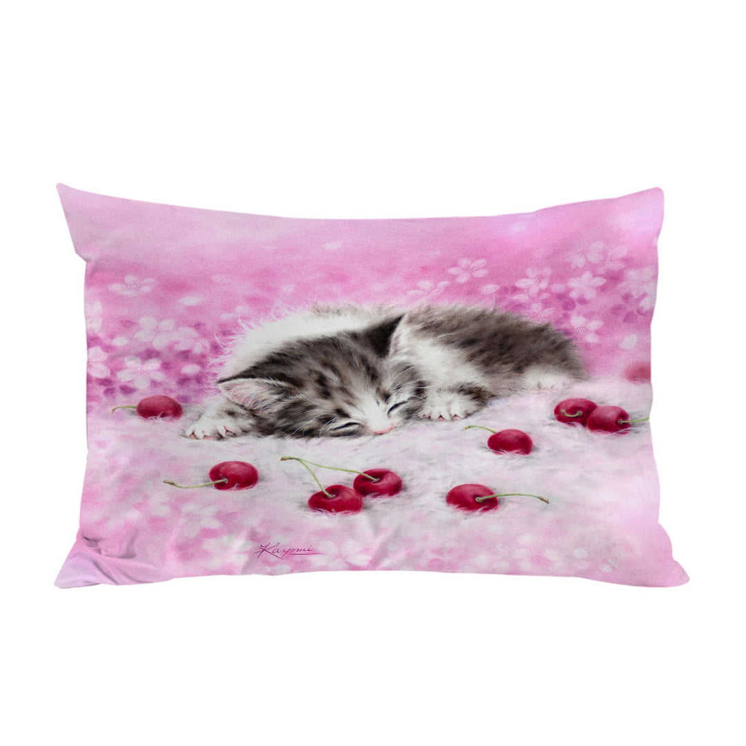 Girls Pink Art Drawings Cherry Dream Kitty Cat King Pillow Cases