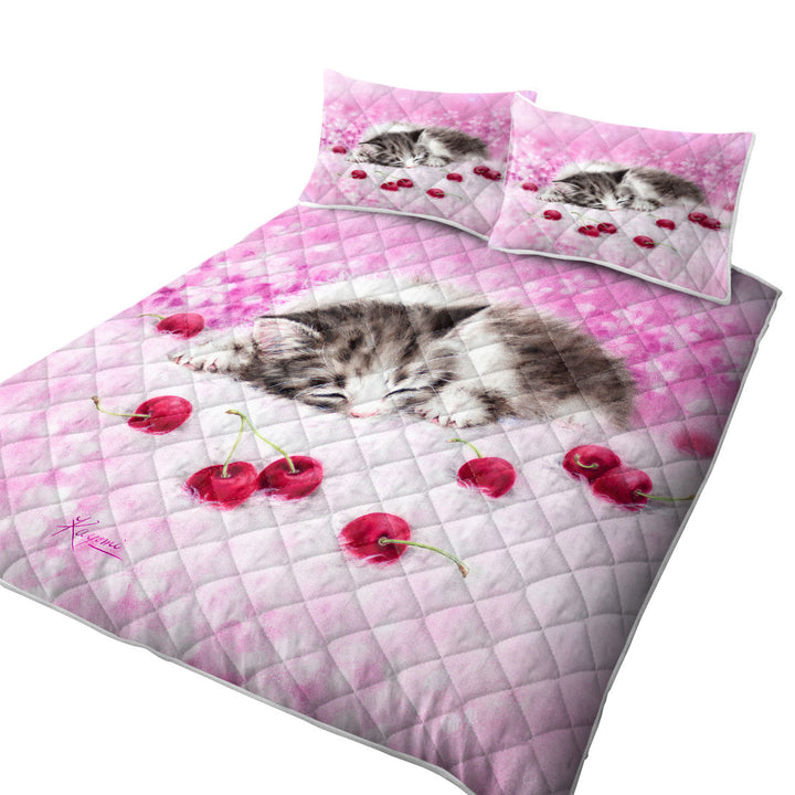 Girls Pink Art Drawings Cherry Dream Kitty Cat Quilt