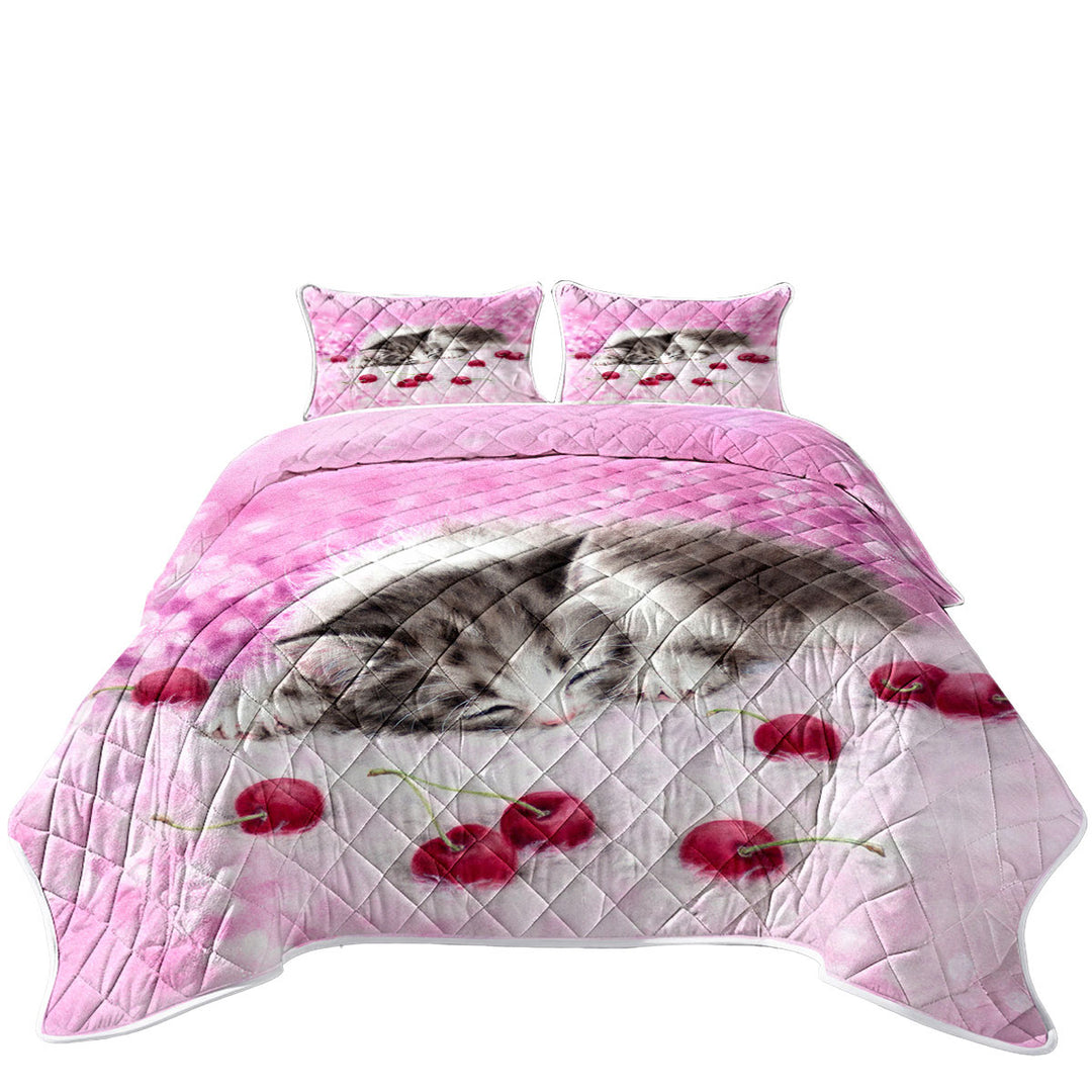 Girls Pink Art Drawings Cherry Dream Kitty Cat Twin Quilt