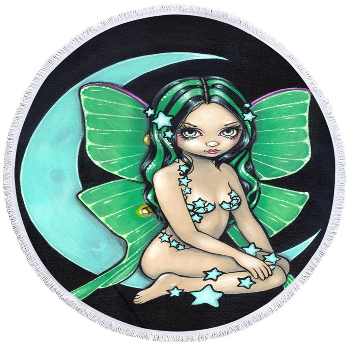 Girls Round Beach Towels Luna a Star Studded Green Highlights Little Fairy