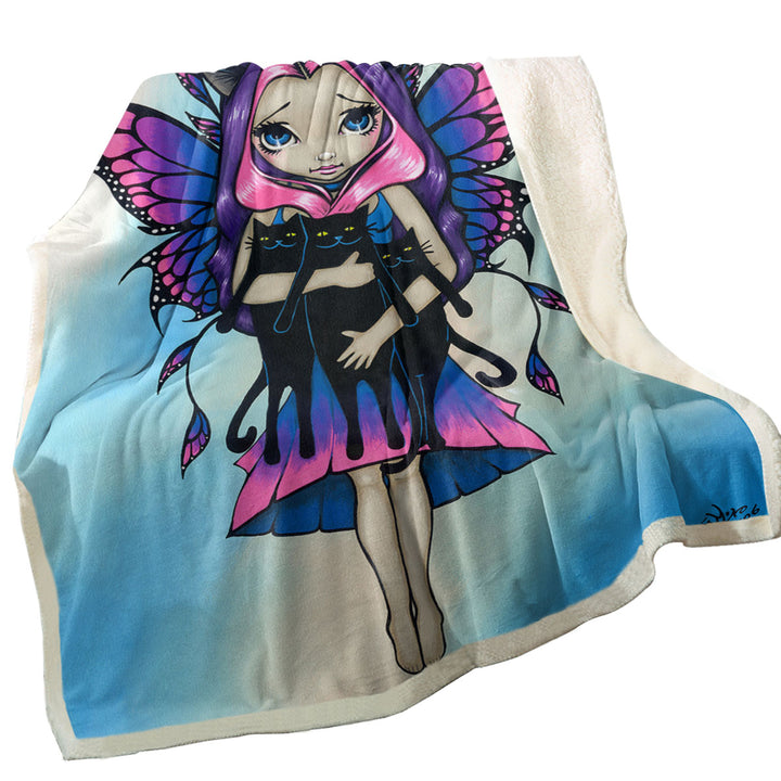 Girls Sofa Blankets My Three Kitties Cute Fairy with Her Black Cats