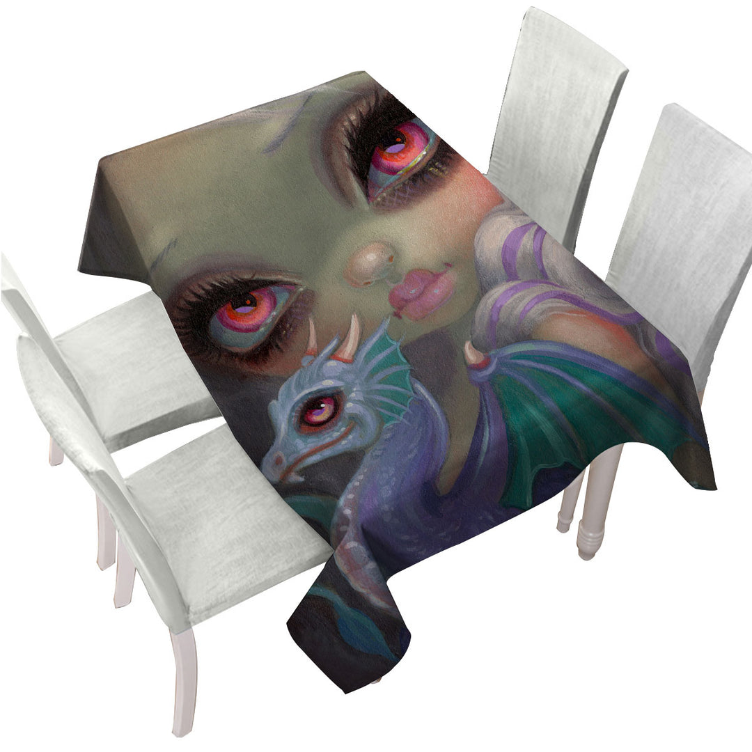 Girly Art Violet Icing Big Eyed Girl and Dragonling Tablecloths