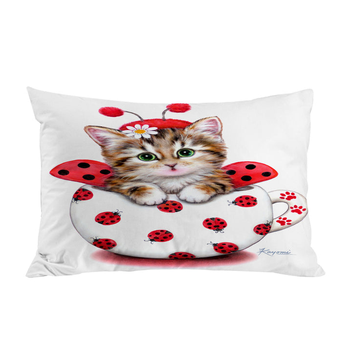 Girly Cat Art Drawings the Cup Kitty Lady Bug Pillowcase