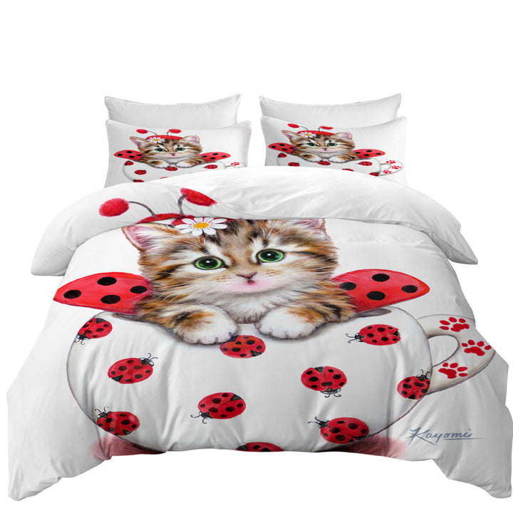 Girly Cat Art Drawings the Cup Kitty Lady Bug full Size Duvet Cover