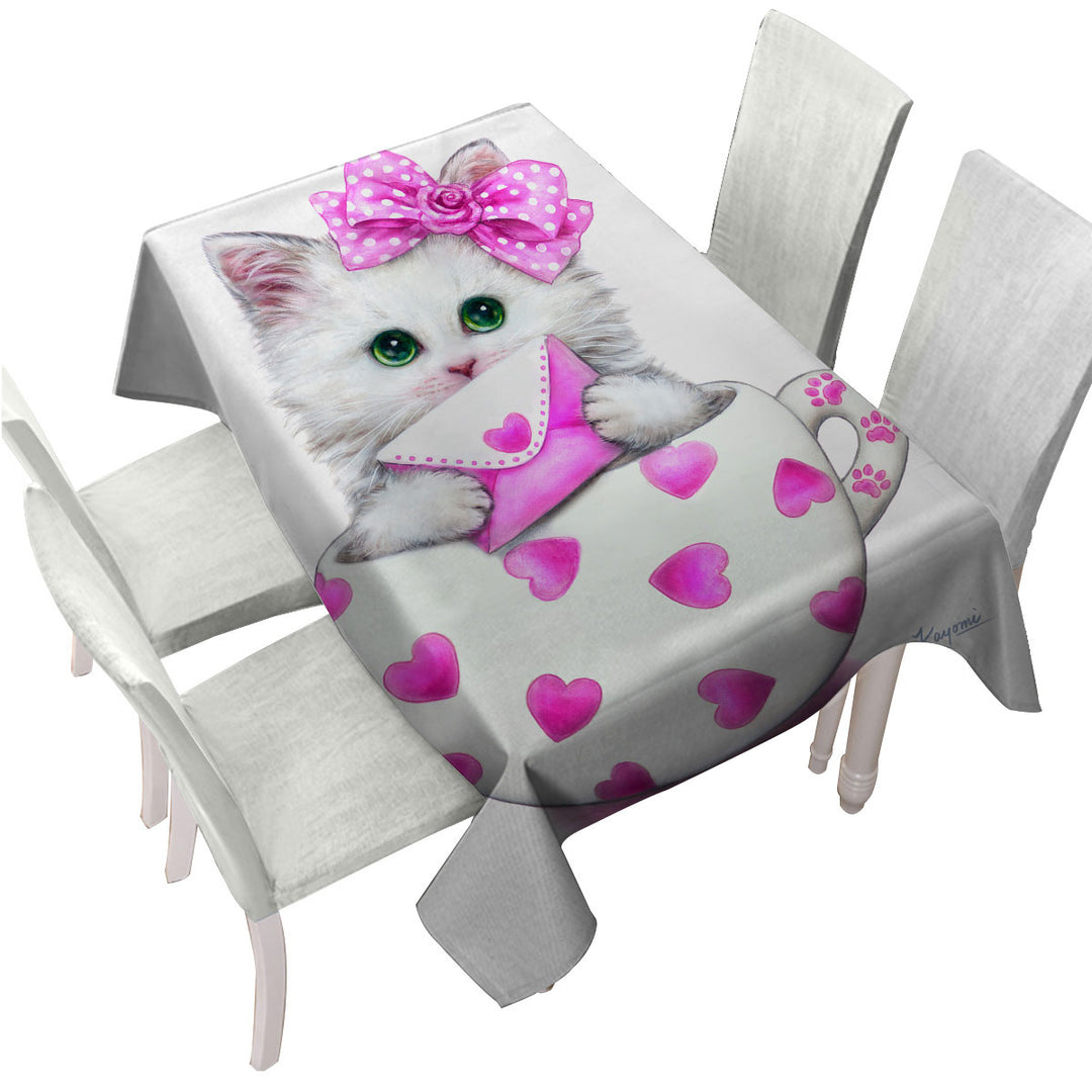 Girly Cat Art Drawings the Hearts Cup Kitty Custom table Covers