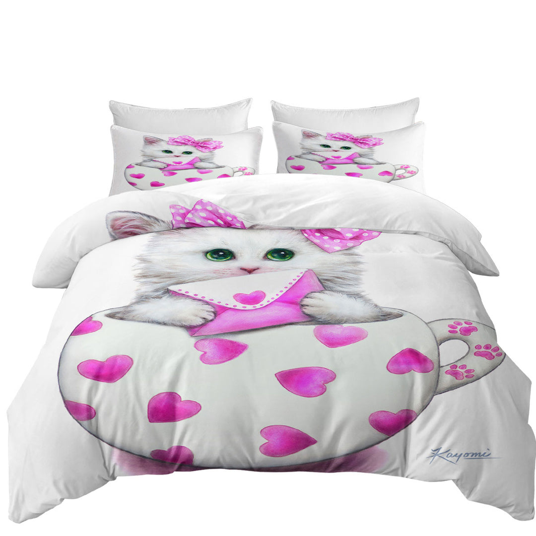 Girly Cat Art Drawings the Hearts Cup Kitty King Duvet Cover set