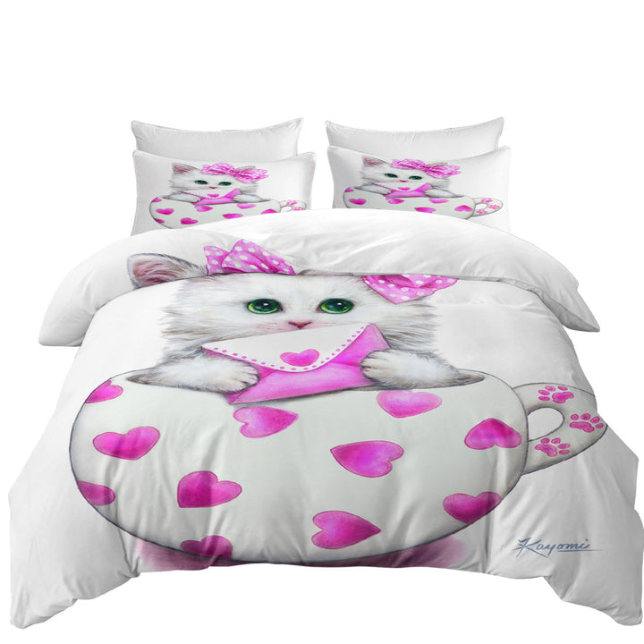 Girly Cat Art Drawings the Hearts Cup Kitty King Duvet Cover set