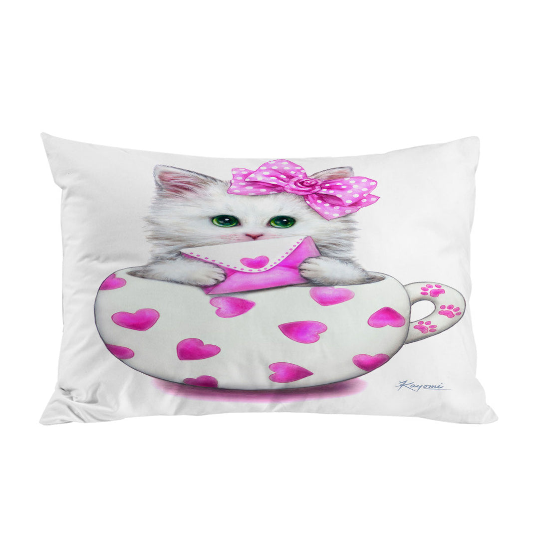 Girly Cat Art Drawings the Hearts Cup Kitty Pillow Cases