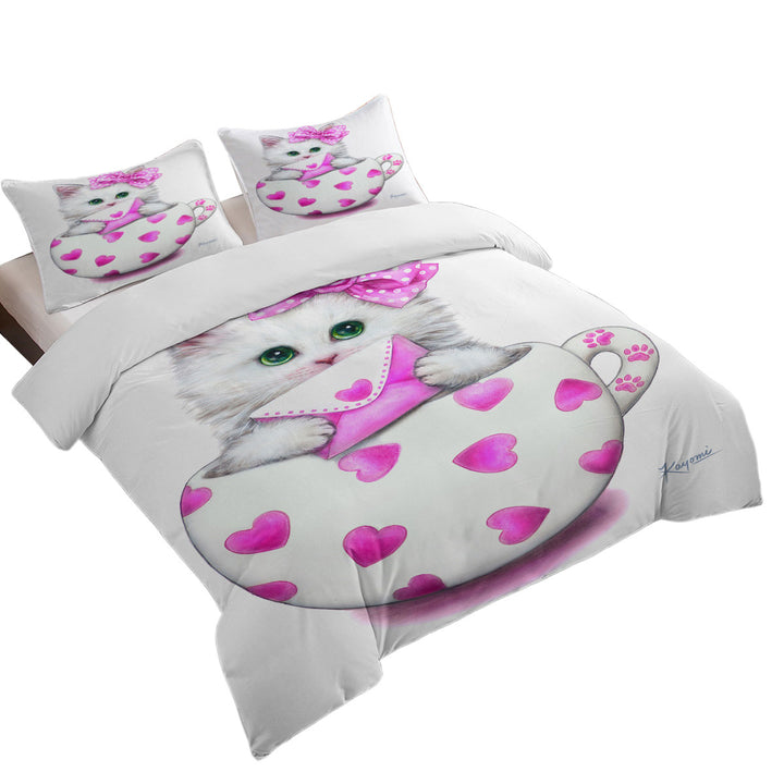 Girly Cat Art Drawings the Hearts Cup Kitty full Size Duvet Cover
