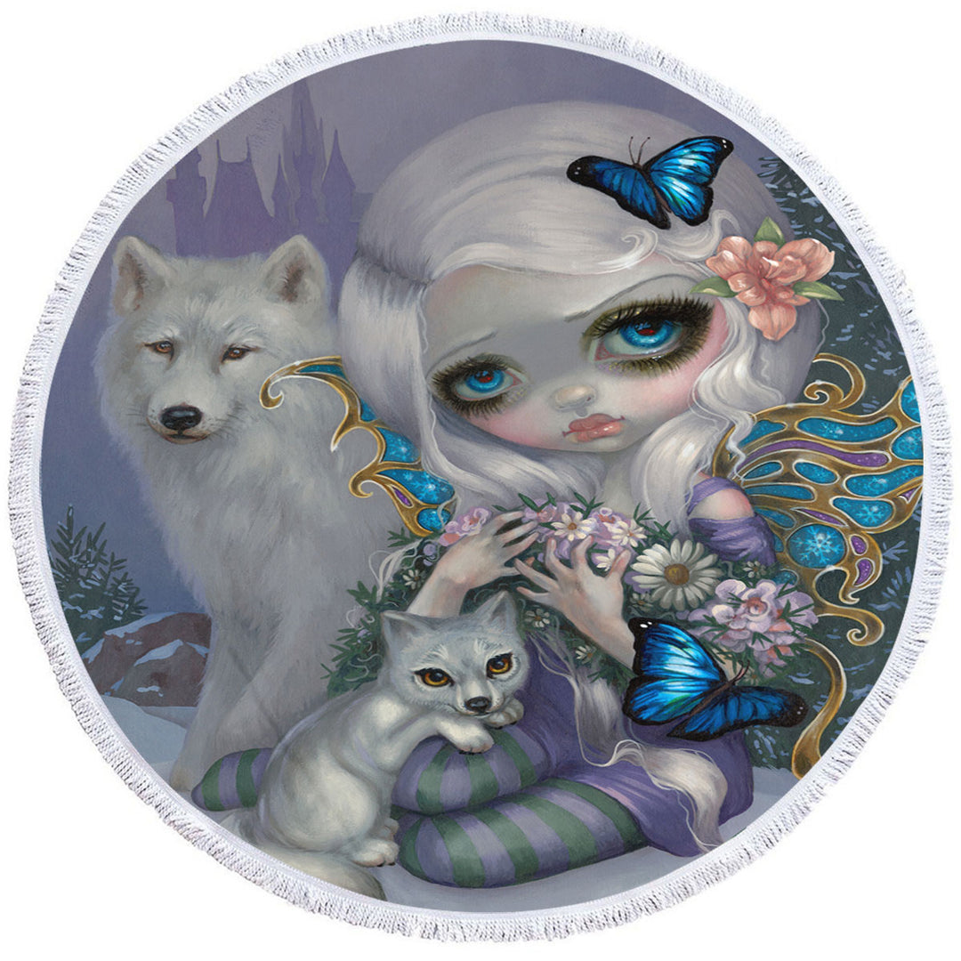 Girly Circle Beach Towels Winter Fairy with Two White Wolves and Butterflies