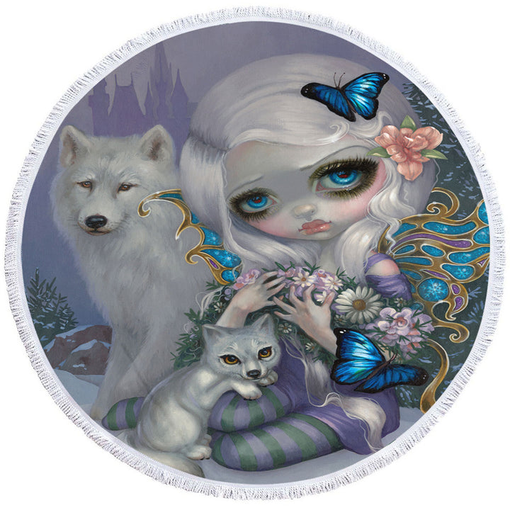 Girly Circle Beach Towels Winter Fairy with Two White Wolves and Butterflies