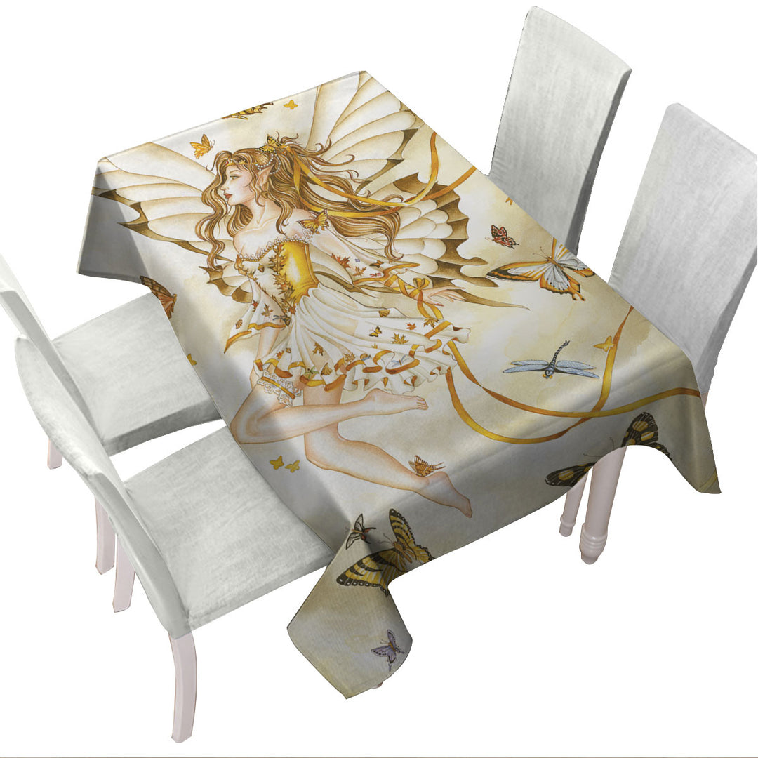 Girly Fantasy Art Rhapsody in Gold Butterfly Girl Tablecloths