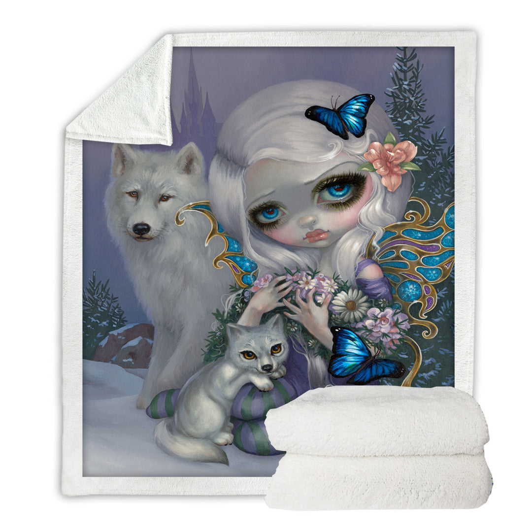 Girly Fleece Blankets Winter Fairy with Two White Wolves and Butterflies