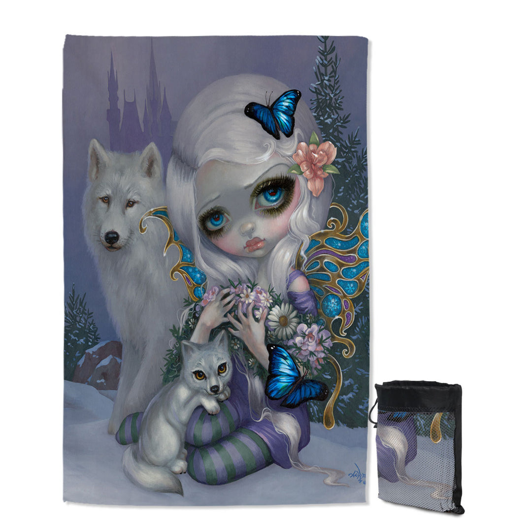 Girly Microfiber Towels for Travel Winter Fairy with Two White Wolves and Butterflies