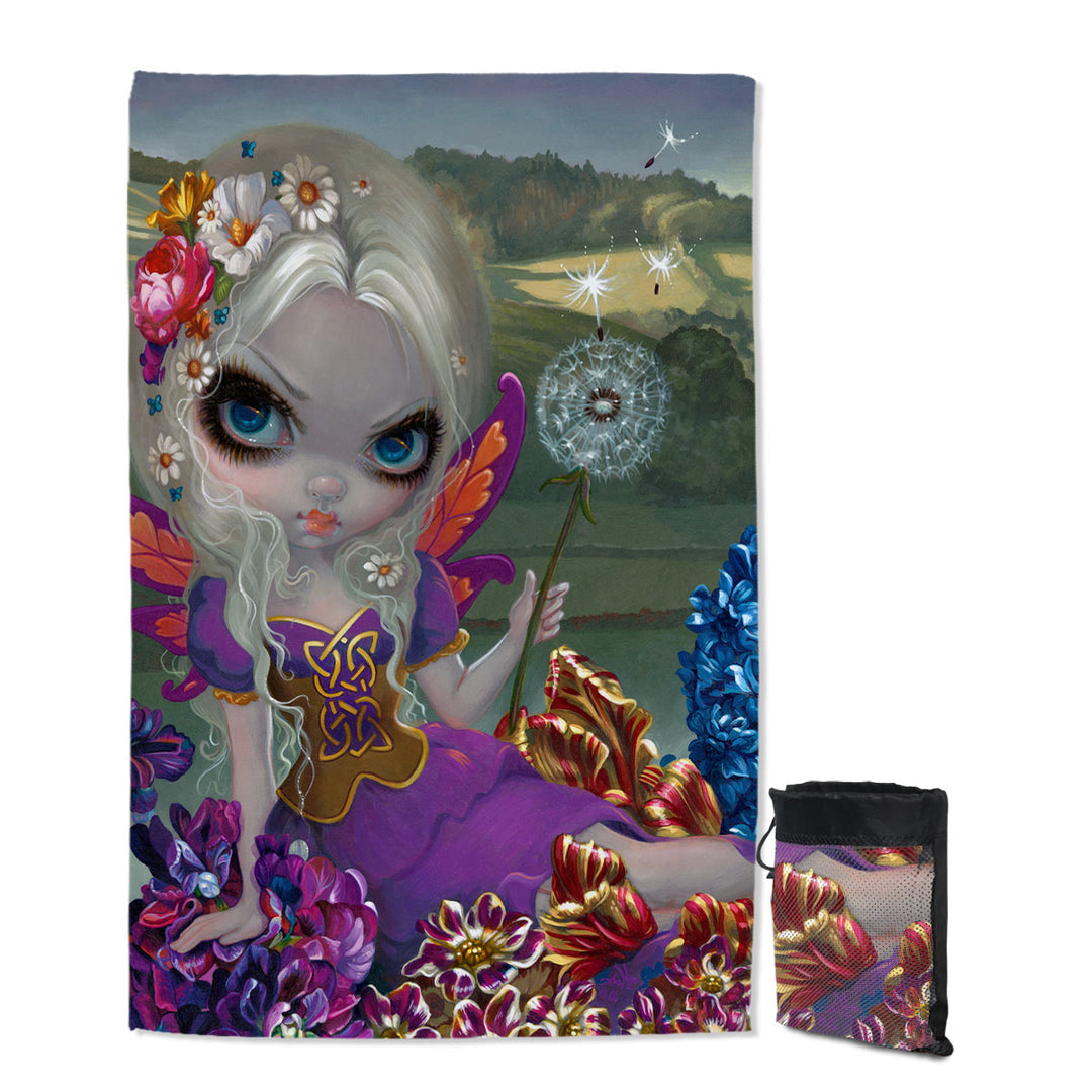 Girly Quick Dry Beach Towel Three Wishes Fairy in the Floral Countryside