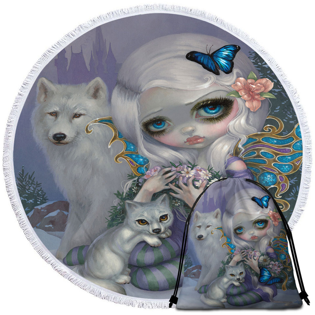 Girly Round Beach Towels Winter Fairy with Two White Wolves and Butterflies