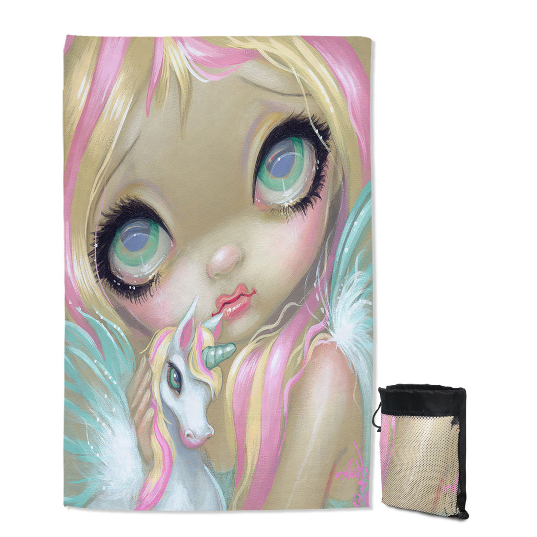 Girly Swims Towel Faces of Faery _178 Big Eyed Pinkish Girl Unicorn