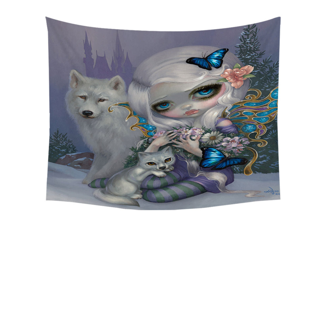 Girly Tapestries Winter Fairy with Two White Wolves and Butterflies