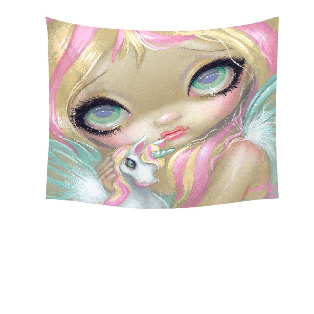 Girly Wall Decor Faces of Faery _178 Big Eyed Pinkish Girl Unicorn Tapestry