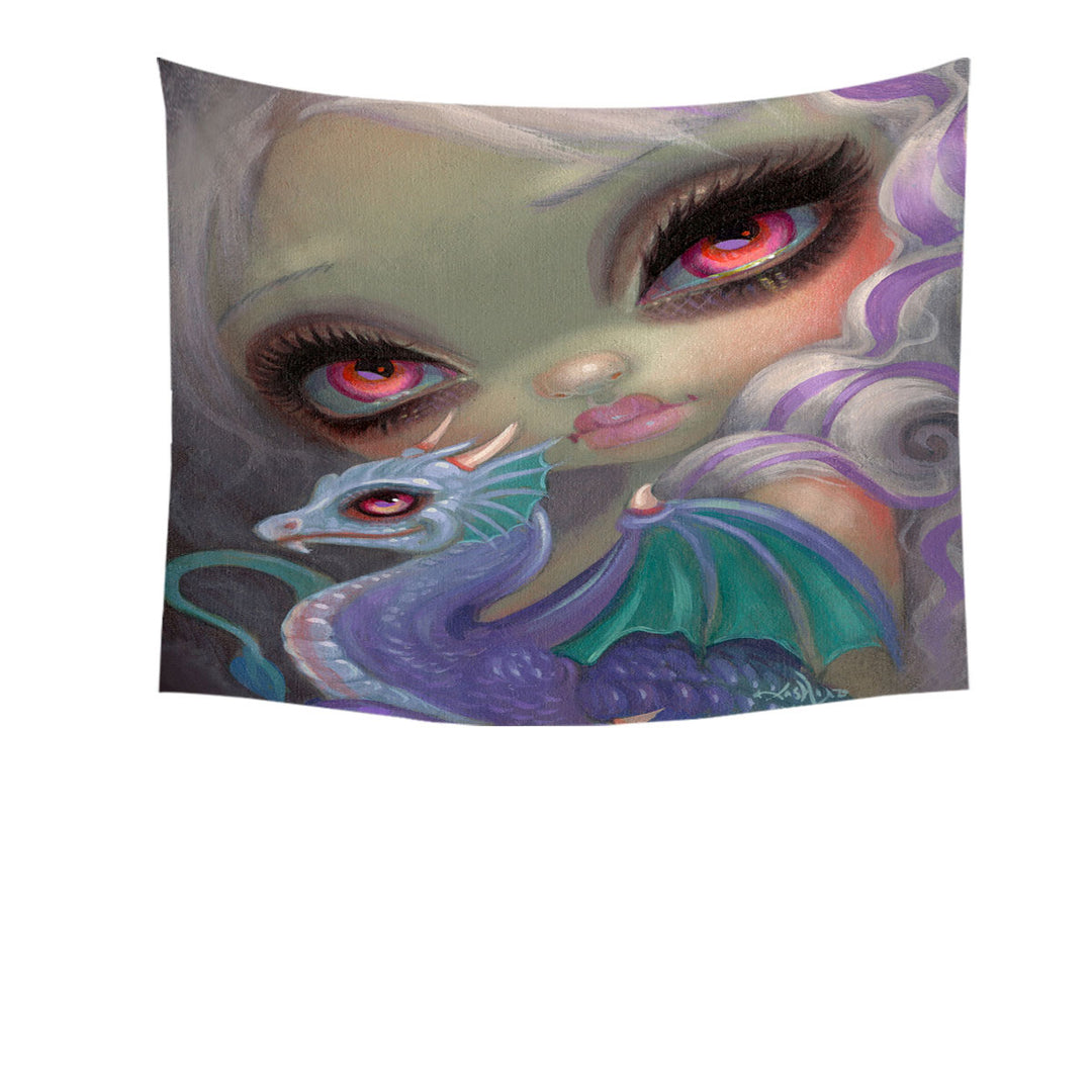 Girly Wall Decor Tapestry Art Violet Icing Big Eyed Girl and Dragonling