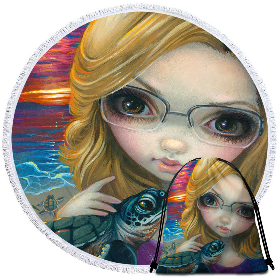Glasses Round Beach Towel Faces of Faery _237 Glasses Girl and Sunset Turtles
