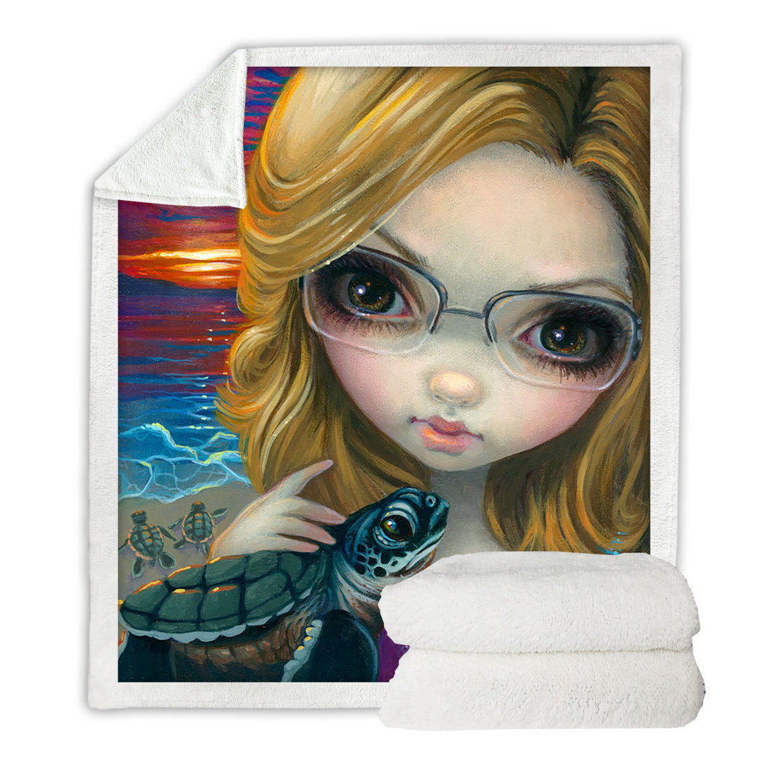 Glasses Sherpa Blanket Faces of Faery _237 Glasses Girl and Sunset Turtles