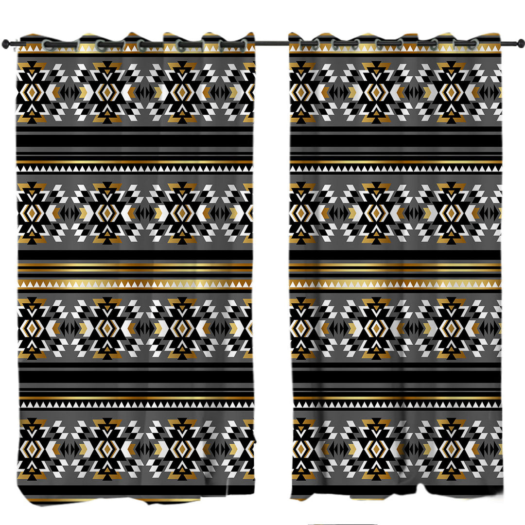 Golden Aztec Pattern over Grey Curtains