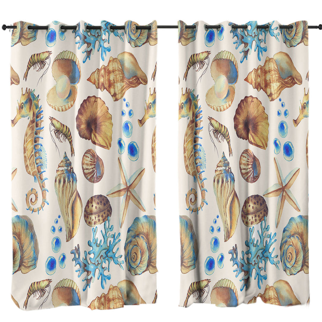Golden Blue Seashells Curtains