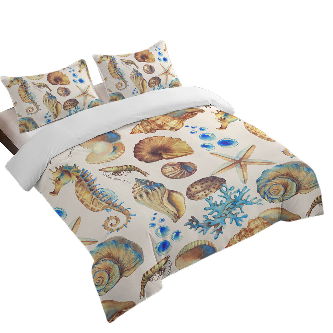 Golden Blue Seashells Duvet Covers King