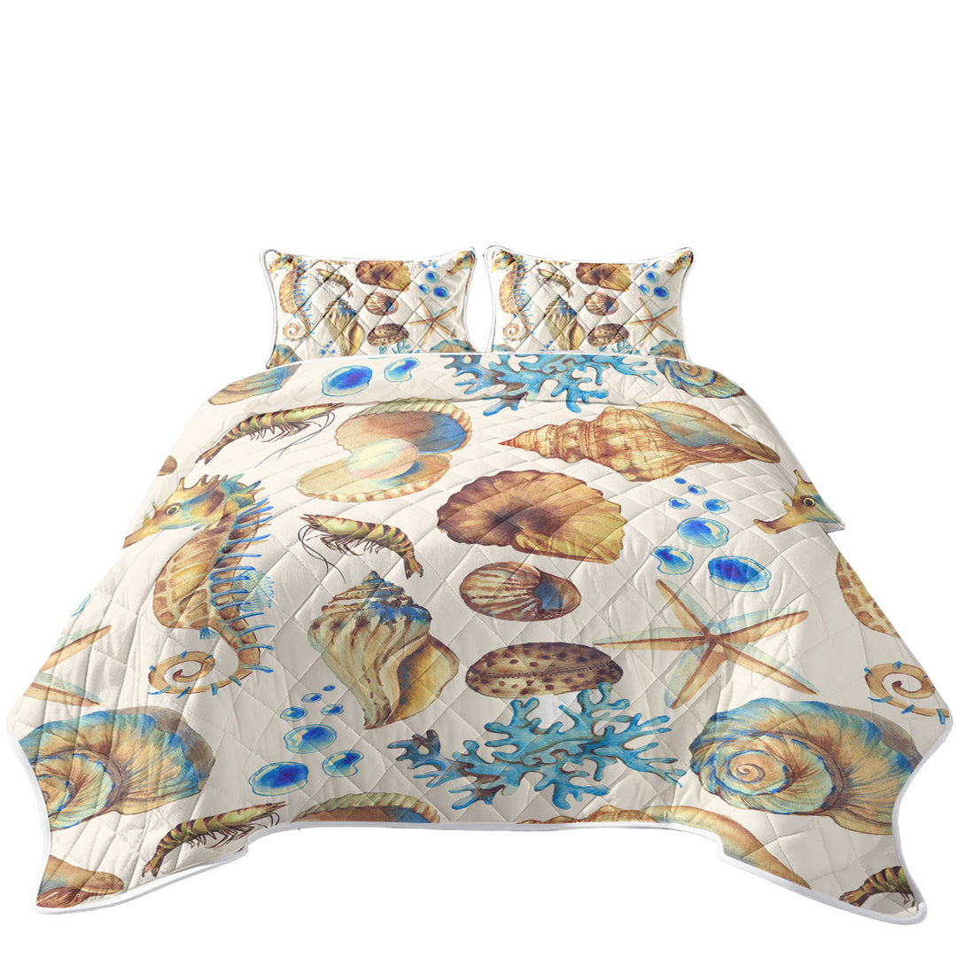 Golden Blue Seashells King Quilt