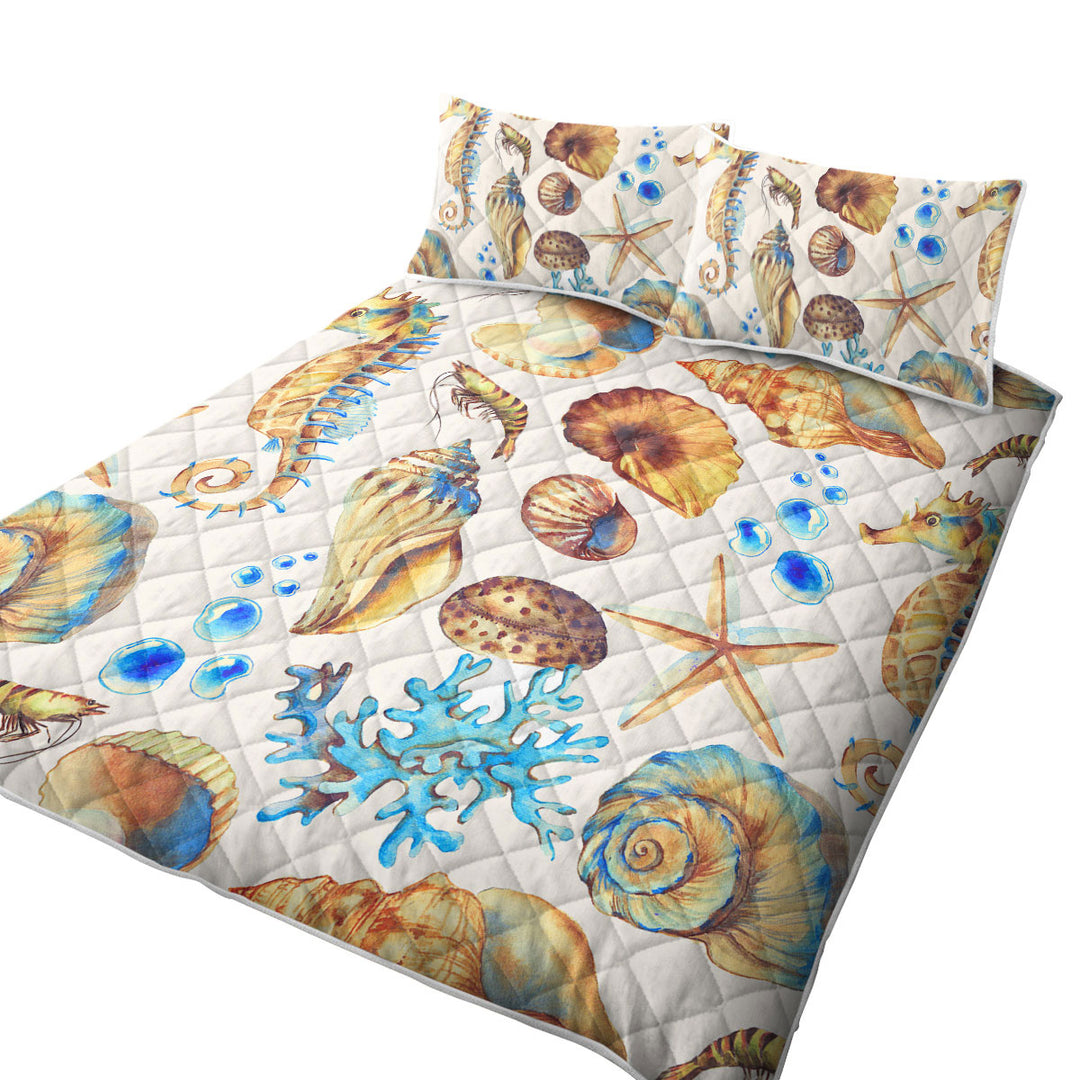 Golden Blue Seashells Quilts for sale